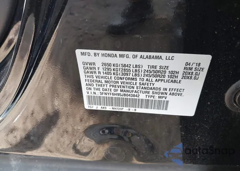 2018 Honda Pilot Touring from USA, damaged, VIN 5FNYF6H95JB043842